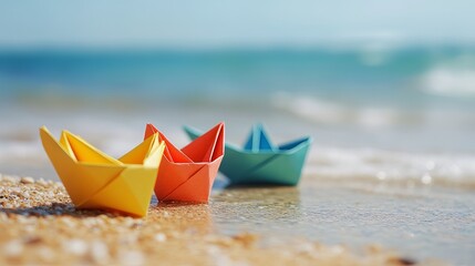 Closeup of multicolored paper boats resting on a sandy beach with the ocean in the background evoking summer vacation and travel