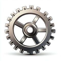 A metallic gear with a polished finish, showcasing intricate details and a dynamic design.