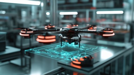 Modern drone with glowing red lights hovering over a holographic circuit board, illustrating the fusion of uavs and advanced electronics in a high tech facility