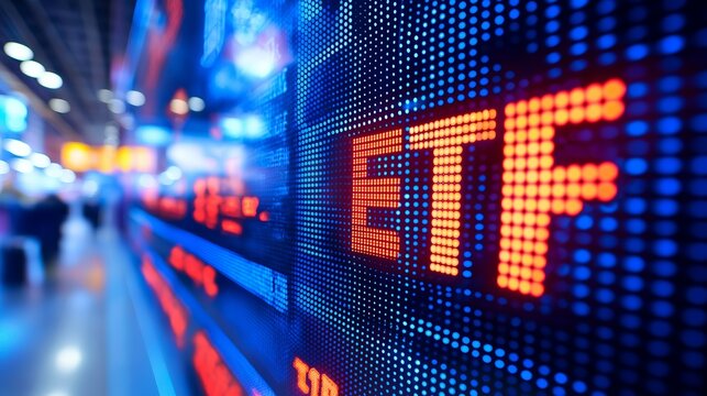 Glowing ETF stock market display on a digital trading board, symbolizing financial technology, investing trends, and the modern global economy, Generative AI