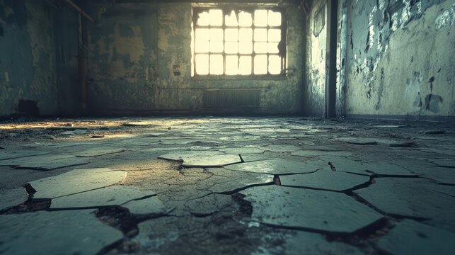 A crumbling room featuring a broken floor and a bright window