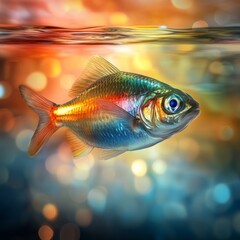 Fototapeta premium Aquatic Dreamscape: A single, vibrantly hued fish glides gracefully through water, its scales shimmering with an array of colors, set against an artistic, bokeh-filled backdrop.