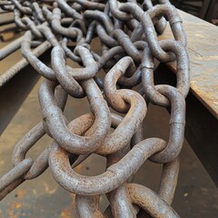 Fototapeta premium A close-up of heavy, rusted metal chains lying on a work surface.