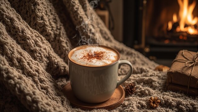 Cozy armchair with steaming chai latte frothy milk cinnamon knitted throw and fireplace Perfect for a relaxing and warm winter day