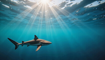 Fototapeta premium Shark swimming in clear blue ocean waters