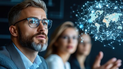 Marketing experts discuss global branding strategies in a modern conference room with digital world map