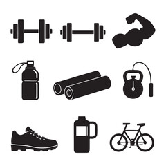 A set of 10 fitness icons as black silhouette vector illustrations on a white background.
