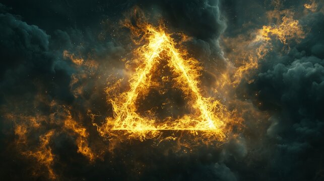 Golden Fire Triangle in a Stormy Sky &ndash; Mysterious and Esoteric Energy