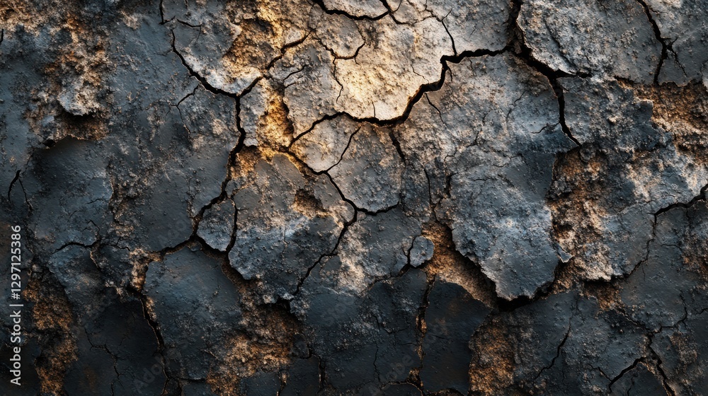 Poster Cracked surface displaying texture and colors in natural light under clear conditions. Generative AI