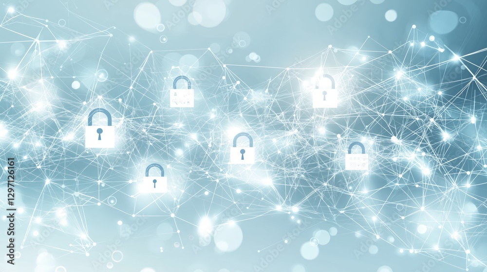 Poster Futuristic digital security network with encrypted connections and glowing data nodes, representing cybersecurity, privacy protection, and advanced encryption., Generative AI
