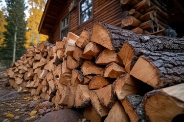 Neatly stacked firewood beside a rustic cabin welcomes the autumn chill with the earthy scent of pine and a warm, inviting atmosphere