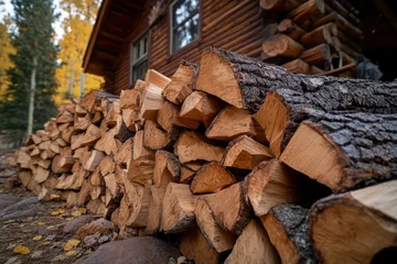 Fototapeten Neatly stacked firewood beside a rustic cabin welcomes the autumn chill with the earthy scent of pine and a warm, inviting atmosphere © IT