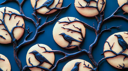 Intricately decorated cookies featuring silhouettes of crows perched on branches, showcasing a creative dessert display perfect for fall gatherings or themed parties