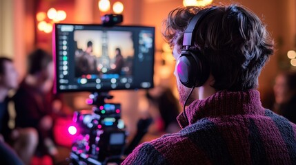 Young man edits video, studio, team, night, post-production