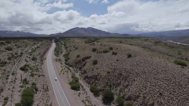 Aerial footage of the Route 9 in Quebrada de Humahuaca valley in northern Argentina, during daytime