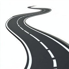 A winding asphalt road stretching into the distance against a white background.