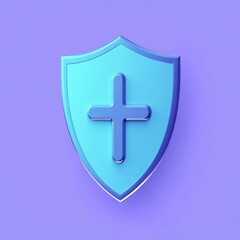 Fototapeta premium Stylized blue shield icon with a cross on a vibrant purple background, symbolizing protection and healthcare.