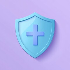 Obraz premium A blue shield icon with a medical cross centered, symbolizing health and safety on a soft purple background.