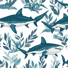 Naklejka premium Whimsical pattern featuring playful sharks swimming among vibrant aquatic plants.