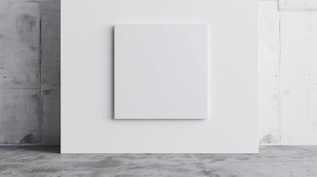 white square canvas mockup for artists hanging on the white wall with concrete floor