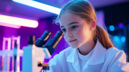 Young student exploring science through a microscope in a modern classroom