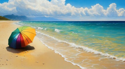 Colorful beach umbrella on golden sand, ocean waves, sunny sky
