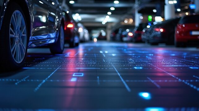 Futuristic smart parking system using internet of things technology guiding cars with augmented reality holographic graphic showing available parking places in underground garage