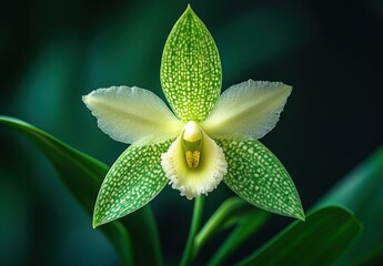 Delicate Green Orchid Blooming in Soft Light with Vibrant Petals and Intricate Pattern Against a Dark Green Background
