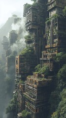 Obraz premium Post-Apocalyptic Vertical City in the Jungle – Futuristic Ruins Concept