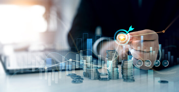 Money business financial graph diagram of coin. Financial growth data or investment market profit bar and success report.Saving money concept.Stack of coins with trading price graph growth.
