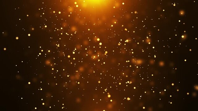 Abstract animation concept of golden particles for celebrating birthdays and holidays. 4k loop bokeh background with light particles and stars rising up on a dark background. Animation footage  - Powered by Adobe