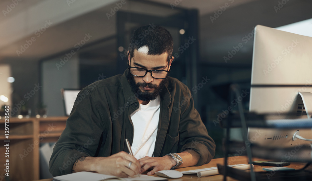 Poster businessman, writing and night with book on computer for schedule reminder or project deadline at of