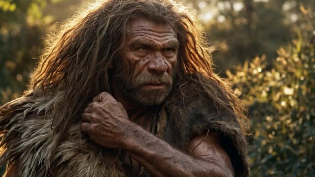 AI-generated illustration of a hyper realistic recreation of a Neanderthal with long hair and furs