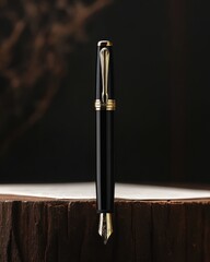 Naklejka premium Elegant black fountain pen poised on a wooden surface, highlighting its sophisticated design and luxurious materials.