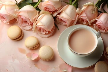 Feminine Flat Lay for Women's Day: Flowers, Hearts, High Heels, and Gold Rings on Pastel Pink Background