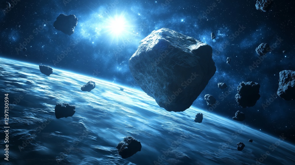 Poster Detailed close-up of a floating asteroid in deep space, featuring cosmic dust, celestial particles, and an interstellar atmosphere in a mysterious galaxy, Generative AI
