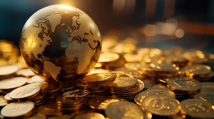 Golden globe resting on stacks of coins, symbolizing global wealth