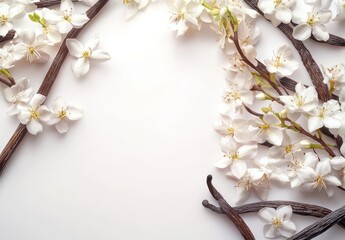 Delicate White Blossoms with Dark Twigs on a Soft Background, Perfect for Spring Themes and Floral Designs in Minimalist Style