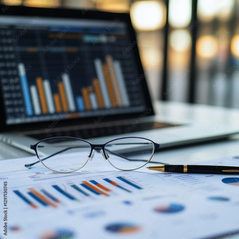 Aufkleber analyzing financial data: glasses, pen, and charts on a desk with laptop displaying graph