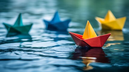 Vibrant paper boats gently floating on still waters