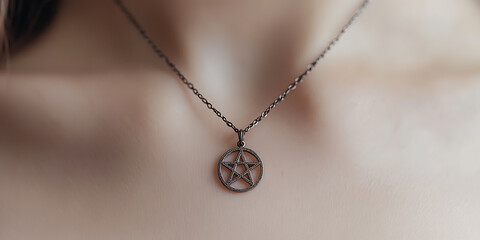 Elegant star pendant necklace on display against soft skin. Dark chain and pendant contrast with a smooth chest; beauty in simplicity.