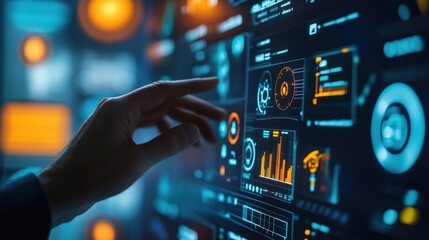A closeup of a hand interacting with a gesturecontrolled AR interface revealing detailed analytics on energy efficiency carbon footprint reduction and usage forecasting while sensors