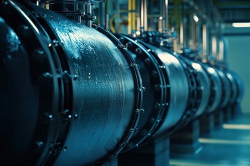 Fototapeta premium Industrial close-up of large black pipes in a modern facility, showcasing intricate design and engineering.