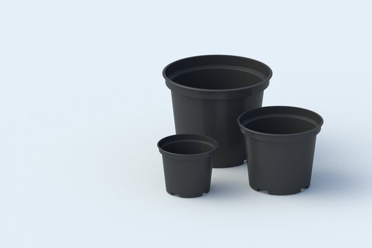 Flower pots for seedlings of different sizes on light gray background. Gardening accessories. Horticulture equipment. Copy space. 3d render