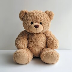 Obraz premium Cuddly Brown Teddy Bear: Soft Furry Stuffed Animal Sitting Comfortably Against a Neutral Background, A Timeless Childhood Comfort