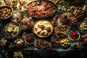 Fototapeta premium A delightful spread of diverse, colorful dishes showcasing a festive gathering of food.