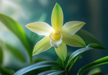 Obraz premium Delicate Yellow Orchid Bloom Surrounded by Lush Green Foliage in Soft Natural Light, Showcasing Vibrant Colors and Intricate Petal Structure