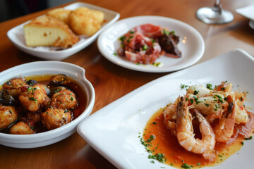 Fototapeta premium A vibrant selection of tapas on small plates, featuring savory olives, fried calamari, meatballs, Manchego cheese, and garlic shrimp, creating an inviting Spanish appetizer spread