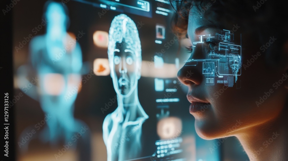 Aufkleber scientist examining a 3d human body hologram on a futuristic transparent display, interacting with d
