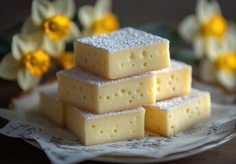 Delicious and Creamy Layered Cheesecake Squares Adorned with Soft Yellow Flowers on Elegant Plate